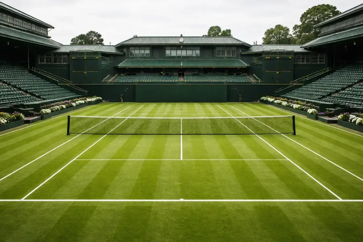 Centre Court in Wimbledon mit gepflegtem grünen Rasen und weißen Linien