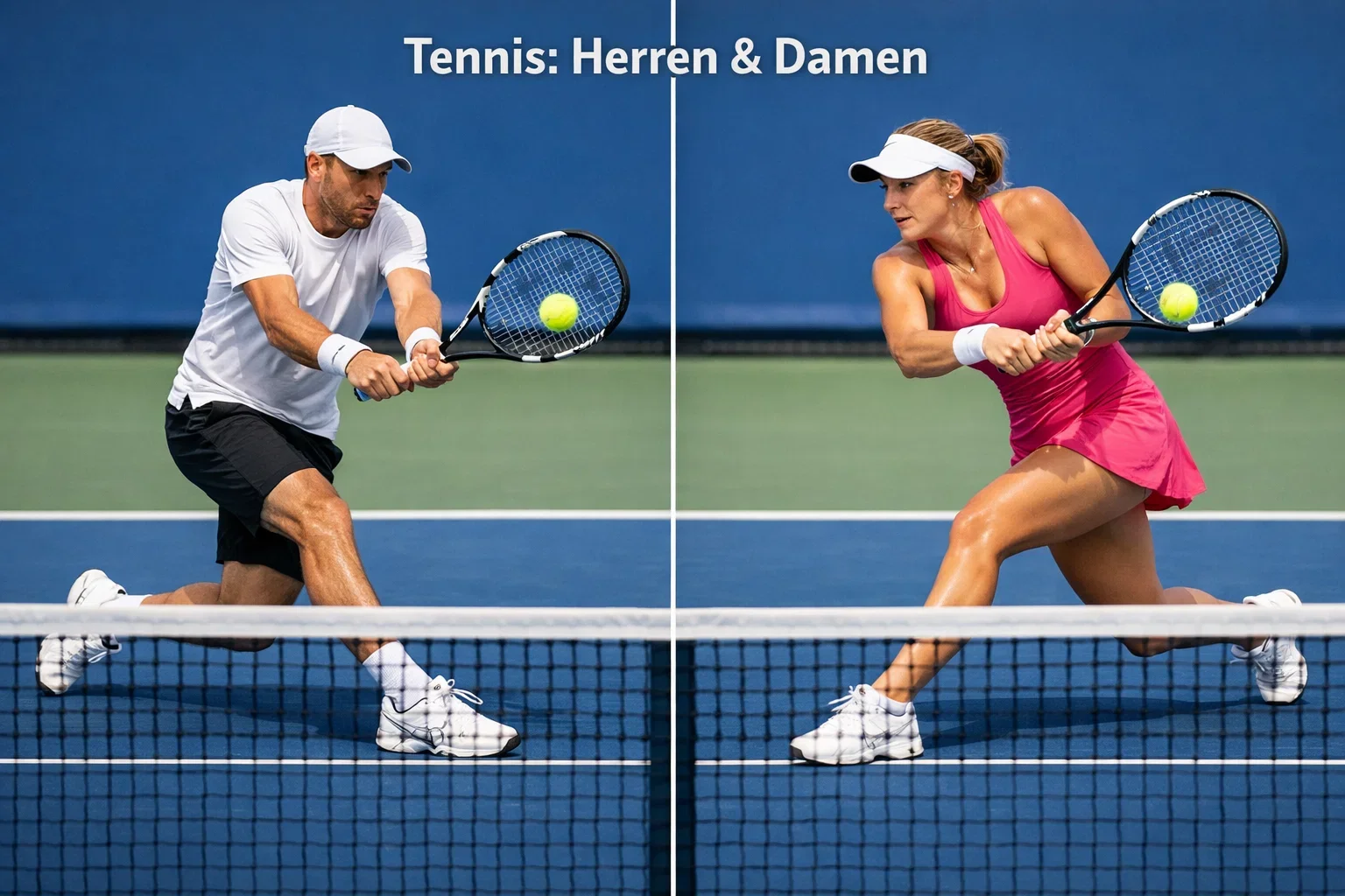 Geteiltes Bild mit Tennisspieler und Tennisspielerin auf dem Hartplatz